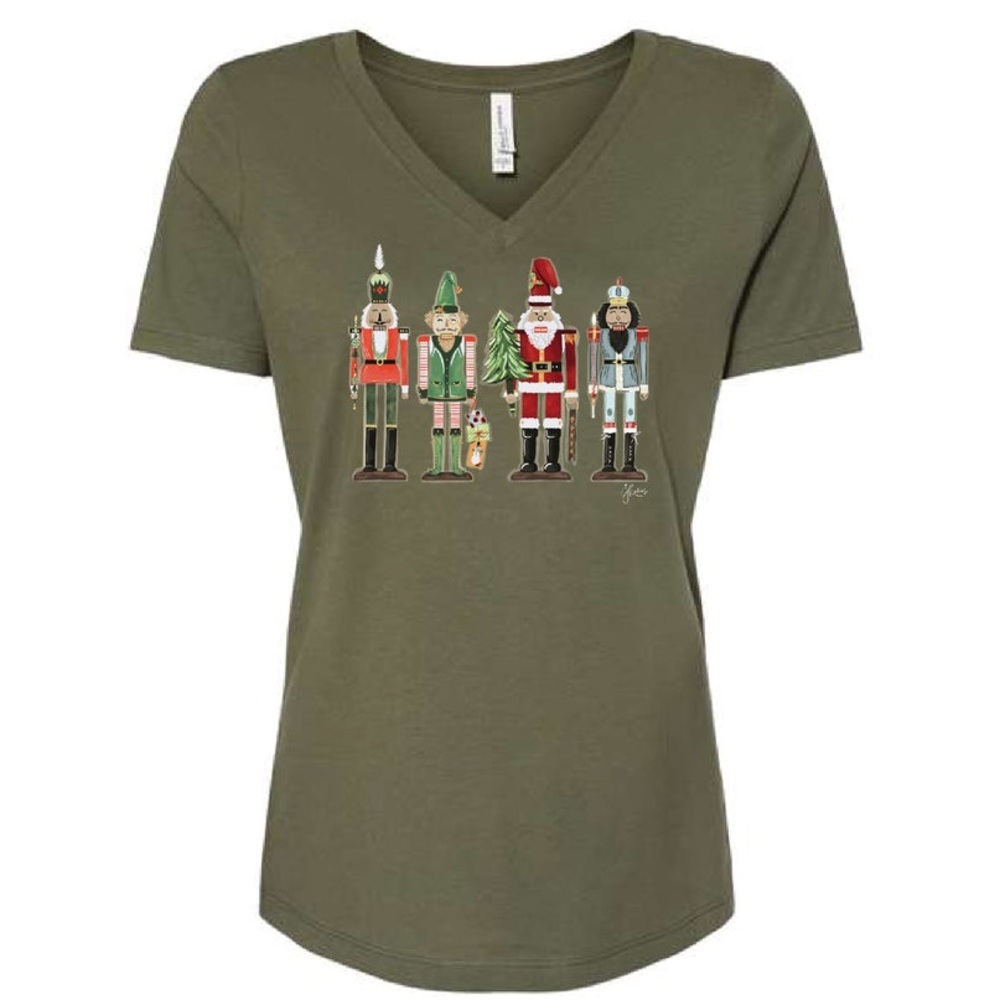 Songbird Grove Size Large Olive Green Festive Nutcrackers Short Sleeve Tee NWOT